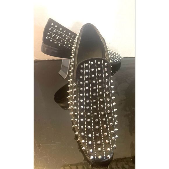 AM Exclusive Black With Silver Rhinestones & Spikes Slip-on Red Bottom Size 9.5M - Picture 10 of 12